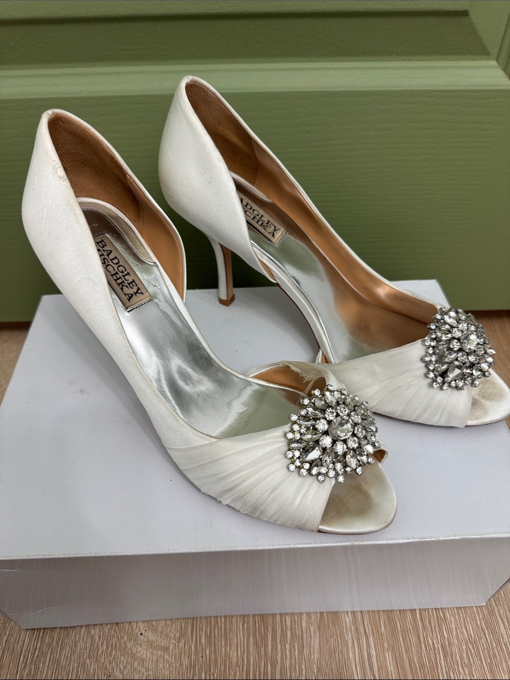 Badgley Mischka Ivory Satin Peep-Toe Heels with Crystal Cluster